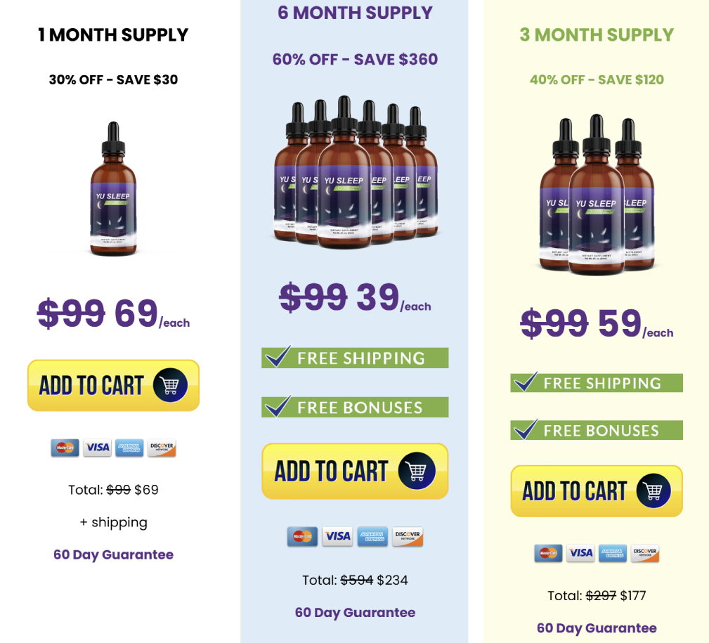 Yu Sleep® discounted price packages with multi month supply options, savings, and natural sleep support supplement deals