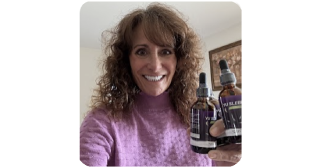 Mary smiling in the morning after using Yu Sleep® natural sleep support for restful, uninterrupted sleep and better sleep quality